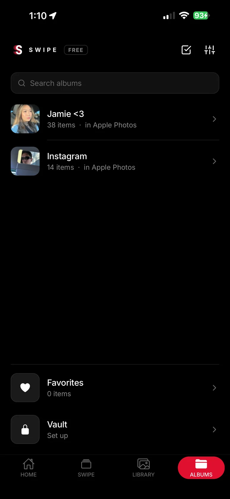 Apple Photos albums, Favorites, and the locked Vault entry in SWIPE